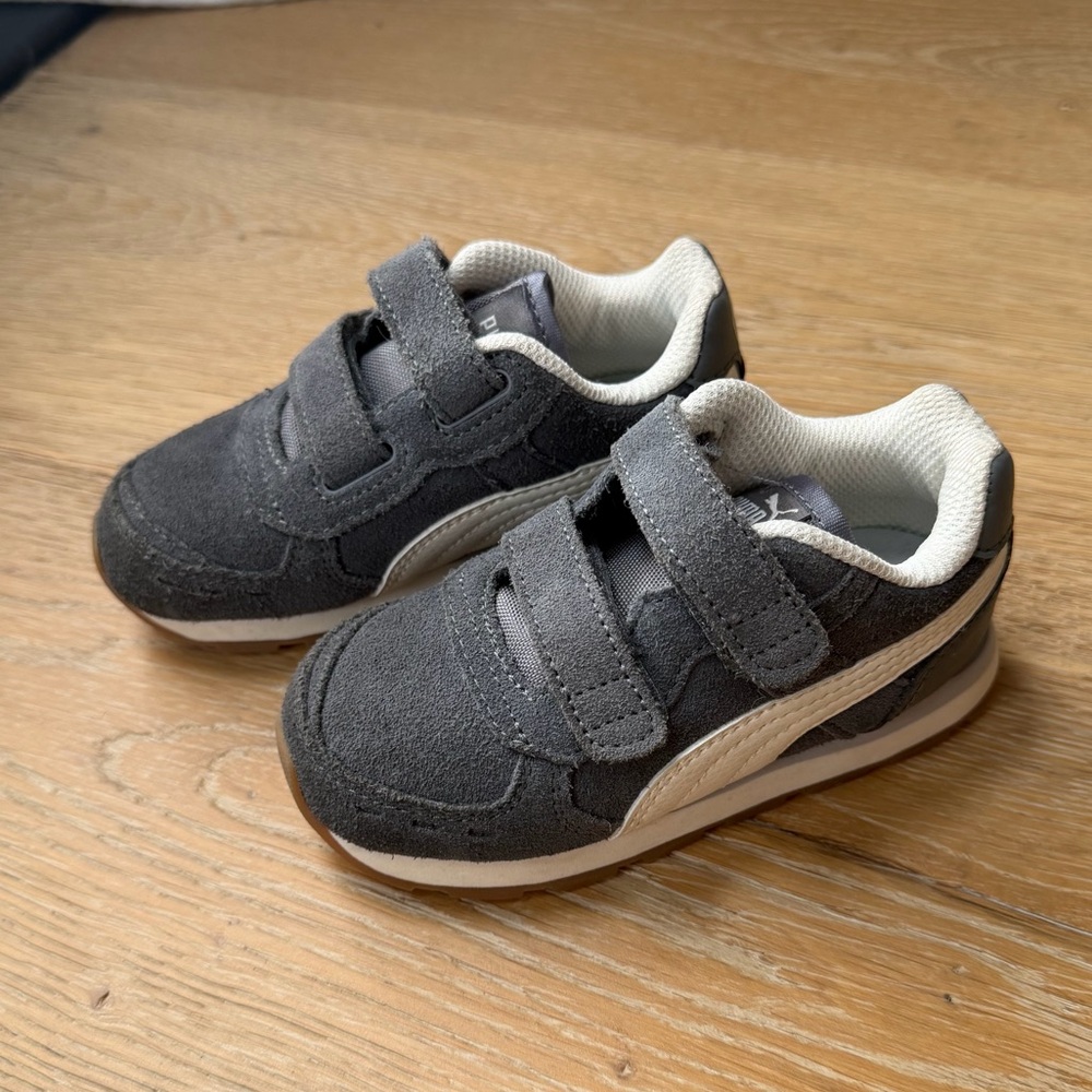 Puma Kids Gray Suede Velcro Sneakers with Cream Accent